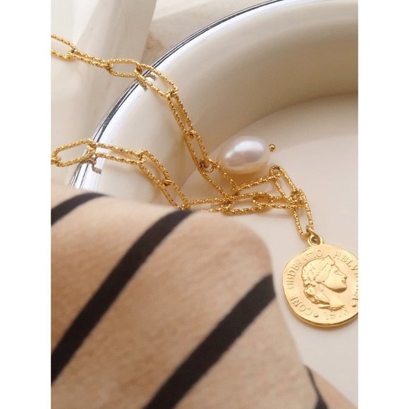 NEW 18K Gold Plated Coin Freshwater Pearl Necklace - Picture 7 of 10